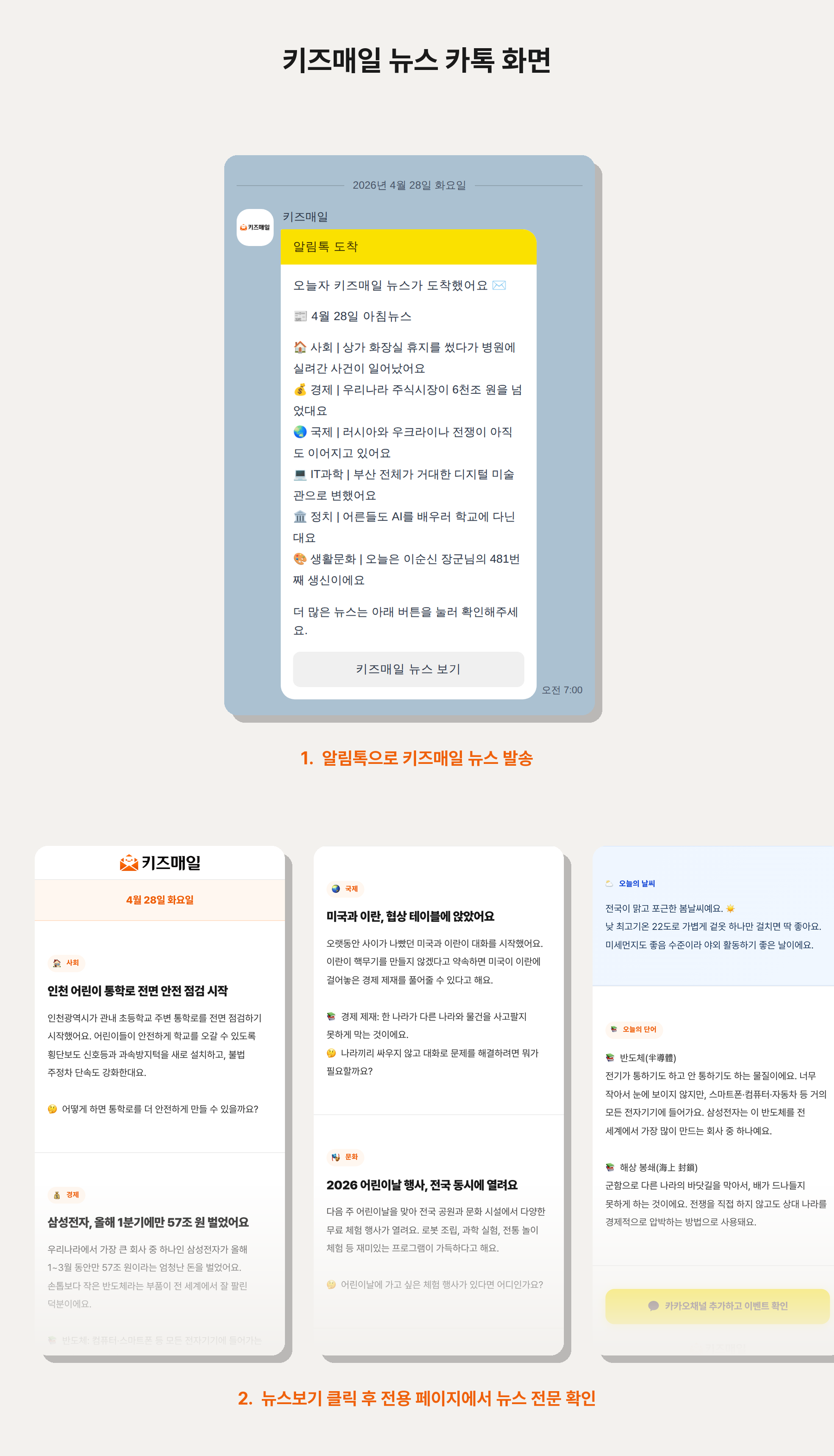 키즈매일 카카오톡 발송화면과 웹 뉴스 화면 비교